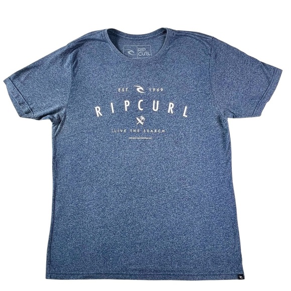Rip Curl Tee Live The Search Surf Board Palm Tree Surfing T-Shirt Blue Large L - Picture 1 of 12